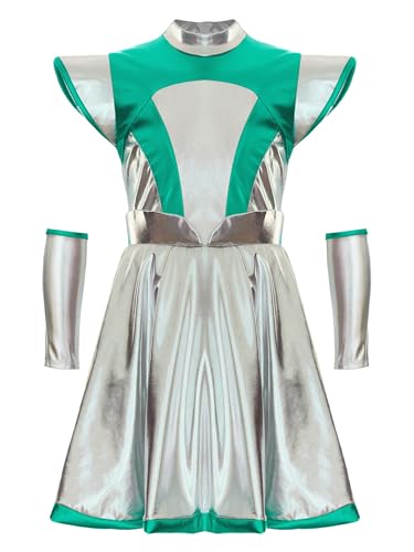 JanJean Kinder Mädchen Alien Kostüm Metallic Glänzend Kleid Fliegenärmel Tanzkleid A-Linien Kleid Handschuhe Alien Haarreif Fasching Halloween Kostüm Grün 170-176 von JanJean