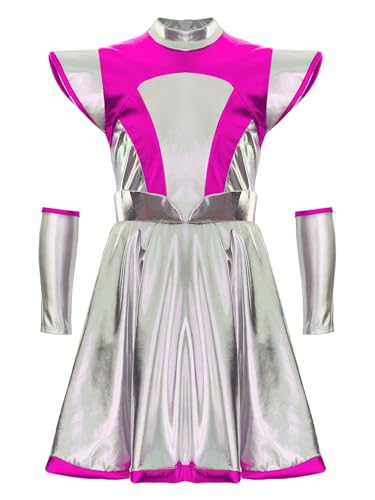 JanJean Kinder Mädchen Alien Kostüm Metallic Glänzend Kleid Fliegenärmel Tanzkleid A-Linien Kleid Handschuhe Alien Haarreif Fasching Halloween Kostüm Rosa 170-176 von JanJean