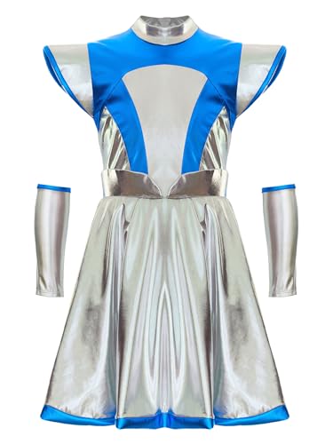 JanJean Kinder Mädchen Alien Kostüm Metallic Glänzend Kleid Fliegenärmel Tanzkleid A-Linien Kleid Handschuhe Alien Haarreif Fasching Halloween Kostüm Silber 170-176 von JanJean