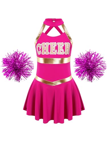 JanJean Kinder Mädchen Cheer Leader Kostüm Cheerleadering Outfit Uniform Karneval Kostüm Neckholder Tanzkleid mit Pompons Schleife Haarbänder Strümpfe Lichtrosa 158-164 von JanJean