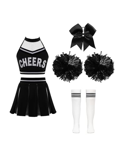 JanJean Kinder Mädchen Cheer Leader Kostüm Cheerleadering Outfit Uniform Karneval Kostüm Top und Rock mit Pompons/Schleife Haarbänder Strümpfe Za Schwarz 134-140 von JanJean