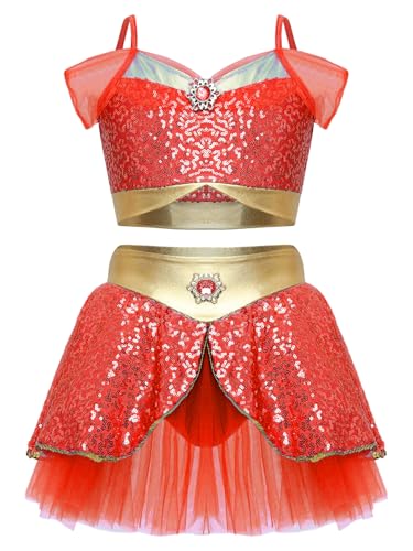 JanJean Mädchen Bauchtanz Kostüm Jasmin Prinzessin Kostüm Bauchfrei Glitzer Top + Pailletten Rock Minirock Arabische Verkleidung Kinder Halloween Kostüm Rot 134-140 von JanJean