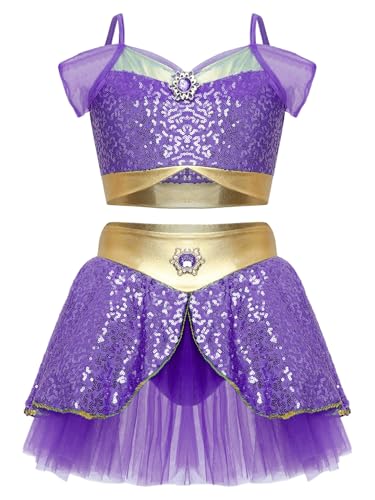 JanJean Mädchen Bauchtanz Kostüm Jasmin Prinzessin Kostüm Bauchfrei Glitzer Top + Pailletten Rock Minirock Arabische Verkleidung Kinder Halloween Kostüm Violett 110-116 von JanJean