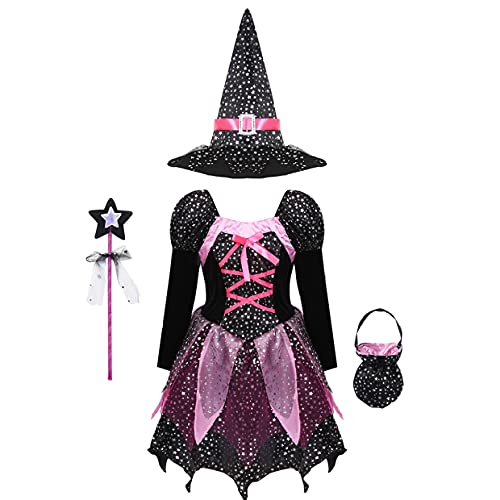 JanJean Mädchen Hexenkostüm Kinder Halloween Kostüm Glitzer Hexenkleid mit Hut & Zauberstab Candytasche Karneval Party Verkleidung Faschingskostüm Schwarz 98-104 von JanJean