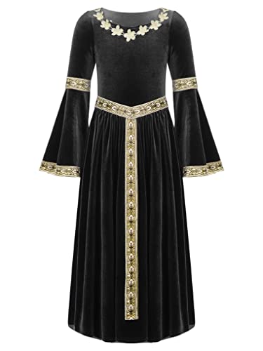 JanJean Mittelalterliches Kostüm Mädchen Mittelalter Kleid Prinzessin Kleid mit Trompetenärmel Retro Kostüm Maxikleid Schwarz 170-176 von JanJean