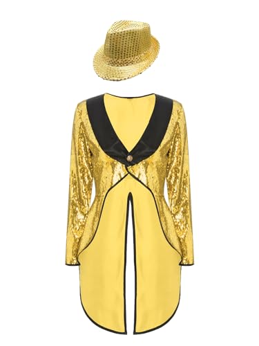 JanJean Zirkus Kostüm Damen Showman Kostüm Glitzer Frack Jacke + Pailletten Mütze Vintage Mantel Smoking Jacke Karneval Outfits Gold S von JanJean