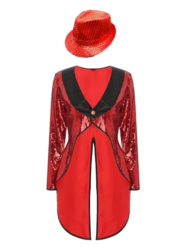 JanJean Zirkus Kostüm Damen Showman Kostüm Glitzer Frack Jacke + Pailletten Mütze Vintage Mantel Smoking Jacke Karneval Outfits Rot 3XL von JanJean