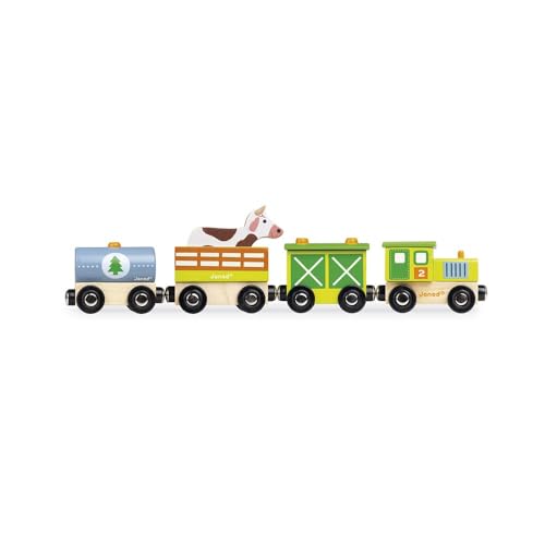 Janod - Set Bauernhof-Zug Story - 5 Holzfiguren - Spielzeug für fantasievolles Spielen - Bauernhoftiere mit Fahrzeugen - Kompatibel mit den auf dem Markt erhältlichen Schienen - Ab 3 Jahren, J08578 von Janod