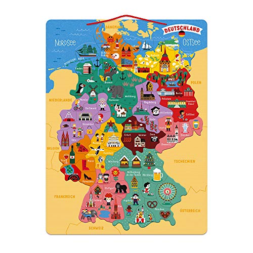 Janod Deutschlandkarte, magnetisch, Puzzle für Kinder aus Holz, 79 magnetische Teile, Entdecken und Merken, Geographie-Lernspiel, ab 7 Jahren, J05477, Brown von Janod