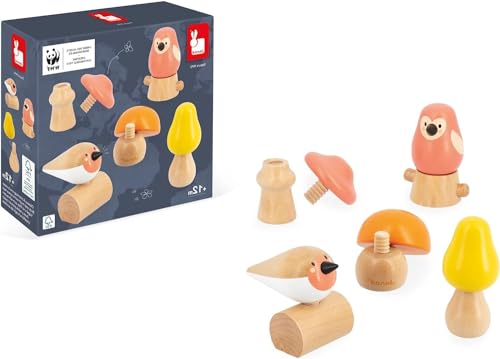 Janod 2 Vögel und 3 Pilze zum Schrauben-Lernspielzeug und Frühförderung-Spielzeug aus FSC-Holz-WWF-Partnerschaft-Ab 18 Monate, J08643, Mehrfarbig, one Size von Janod