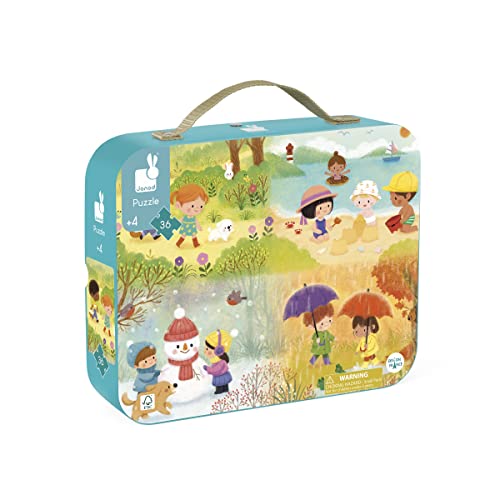 Janod 36-teiliges Kinderpuzzle – Vier Jahreszeiten – Geschenktasche mit Stoffgriff – Frühling Sommer Winter Herbst – Alter 4–8 Jahre – J02538 von Janod