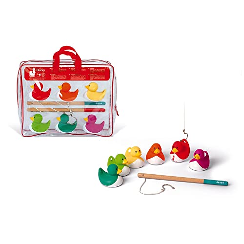 Janod - Angelspiel Enten - 6 Bunte Enten + 2 Angeln aus Holz - Badeenten - Gummienten Geschicklichkeitsspiel - Ideal für Kindergeburtstage - Kinderspielzeug ab 2 Jahren, J03246 von Janod