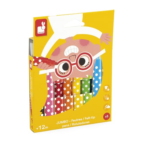 Janod – 8 Dicke Filzstifte für Kleinkinder ab 1 Jahr – sichere Spitze – leicht abwaschbar – ideal für erste Zeichnungen – ab 12 Monaten – J07402 Janod – 8 Dicke Filzstifte für Kleinkinder ab 1 Jahr – sichere Spitze – leicht abwaschbar – ideal für erste Zeichnungen – ab 12 Monaten – J07402 von Janod