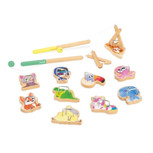 Janod - Angelspiel Applepop - Geschicklichkeitsspiel für Kinder - 2 Greifer + 10 Tiere + 1 Beutel - Fördert Handgeschicklichkeit und Konzentration - Spielzeug aus FSC-Holz - Ab 3 Jahre, J03352 von Janod