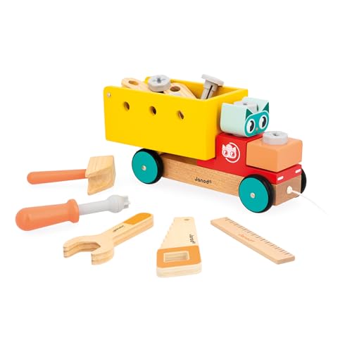 Janod Baulaster zum Ziehen Brico'Kids Bauspiel Kind-23 Zubehörteile-Rollenspiel-Fördert Feinmotorik und Kreativität-Ab 24 Monate, J06451, Multicolor von Janod