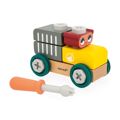 Janod DIY Car Bear Bär Brico'Kids Bärenauto zum Zusammenbauen-Bauspiel Kind-24 Bauelemente + 1 Werkzeug-Rollenspiel-Fördert Handgeschicklichkeit und Kreativität-Ab 24 Monate, J06458, Multicolor von Janod