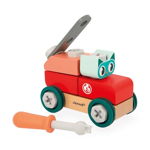 Janod Brico'Kids Katzenauto zum Zusammenbauen-Bauspiel Kind-27 Bauelemente + 1 Werkzeug-Rollenspiel-Fördert Handgeschicklichkeit und Kreativität-Ab 24 Monate, J06452, Multicolor von Janod