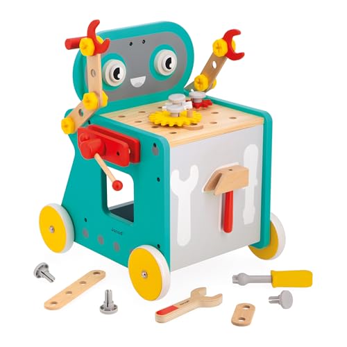 Janod - Brico'Kids Roboter-Wagen - Bauspiel Kind - 38 Bauelemente + 3 Werkzeuge - Rollenspiel - Fördert Feinmotorik - Ab 18 Monate, J06456 von Janod