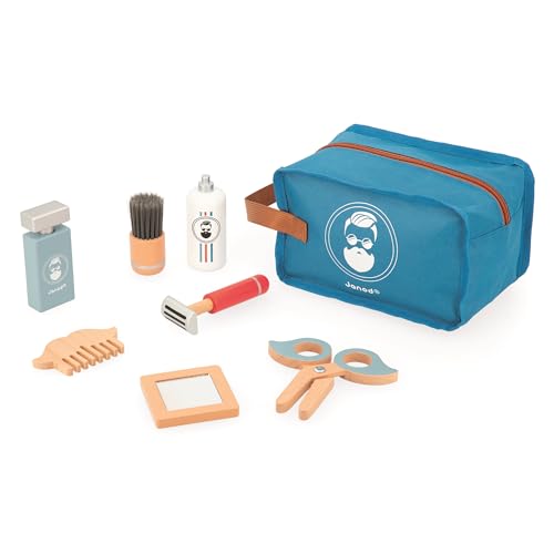 JANOD Barber Case Barbierkoffer für Kinder-7 Holz-Accessoires + Etui-Rollenspielzeug-Entwickelt die Fantasie-Holzspielzeug-Ab 3 Jahre, J06552, Bleu, 21 x 13 x 13 von Janod