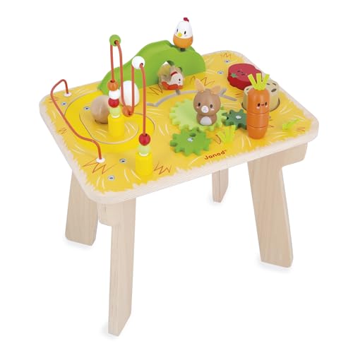 Janod - Holztisch mit dem Thema Bauernhof - 8 Aktivitäten für Kinder - Höhe der Tischplatte 32cm - Lernspielzeug - Förderung der Feinmotorik - Tisch aus FSC-Holz - Ab 12 Monate, J03321 von Janod