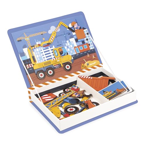 Janod J02526 Magnéti'Book Fahrzeuge der Baustelle-Magnetisches Lernspiel mit 50 Magneten + 18 Modellen-Kinderspielzeug aus FSC-Karton-Fördert die Fingerfertigkeit und Vorstellungskraft-Ab 3 Jahre von Janod