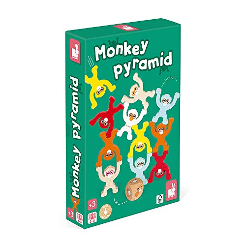 Janod - Monkey Pyramid - Holz-Brettspiel für Kinder - Geschicklichkeitsspiel Farbe auf Wasserbasis - FSC-zertifiziert - Ab 3 Jahren, J02633, White von Janod