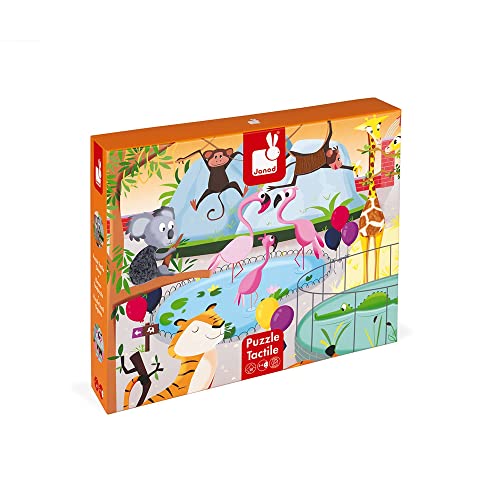 Janod Tast-Puzzle für Kinder, ein Tag im Zoo, 20 Teile, davon 7 mit Textur, Lern- und Tastspiel, Tastsinn, Feinmotorik und Konzentration, ab 2 Jahren, J02774 von Janod