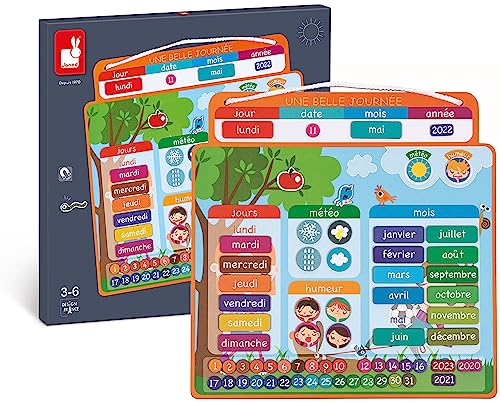 Janod - Magnetischer Kalender ‘Ein schöner Tag’ - Kinder Lerntafel - 67 Magnete - Lernspiel Datum, Wetter und Jahreszeit - Französisch- Ab 3 Jahren, J02972 von Janod