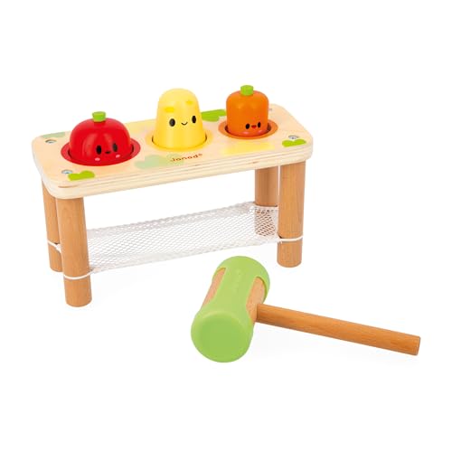 Janod Taptap Lernbauernhof für Kinder, 3 Gemüse aus dem Gemüsegarten + 1 Schlägel, entwickelt die Feinmotorik, Spielzeug aus FSC-Holz, ab 12 Monaten, Mehrfarbig, klein von Janod