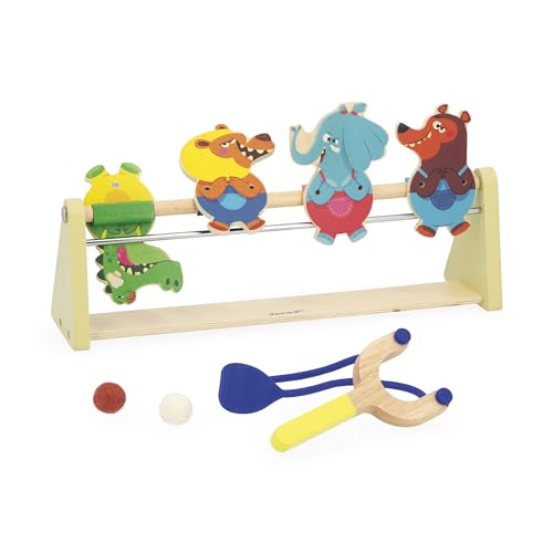 Janod J03372 Kinderschießstand aus Holz-Zielspiel-4 Personen-1 Wurfmaschine-2 Filzbälle-Fördert Präzision und Konzentration-FSC-Holzspielzeug-Ab 5 Jahren-J03372 von Janod