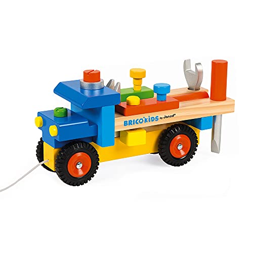 Janod - Brico'Kids Lastwagen zum Selberbauen, 2-in-1-Spielzeug zum Ziehen und für frühkindliches Lernen, 3 Werkzeuge enthalten, fördert motorische Fähigkeiten, ab 2 Jahren, J05022 von Janod