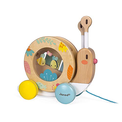 Janod - Pure Nachziehtier Schnecke - Holzspielzeug mit Xylophon und Tamburin - Musikalisches Montessori Lernspielzeug - Wasserbasierte Farben - Baby Spielzeug ab 1 Jahr, J05159 von Janod