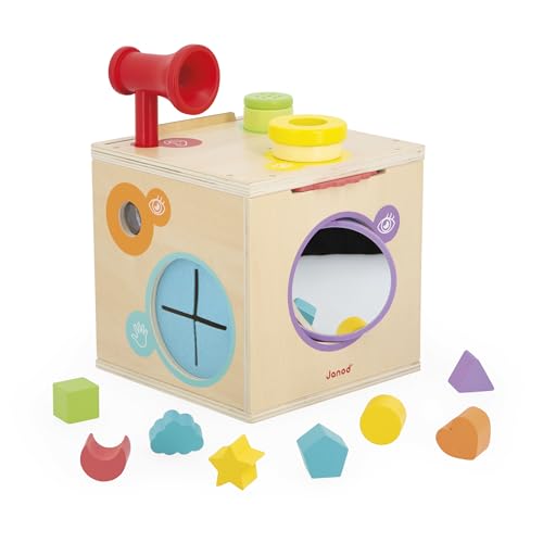 Janod J05307 Motorik-und Greifwürfel-Spiel zur Förderung der Sensorik-Sensorbox-Activity Cube-12 Zubehörteile-Formen und Farben Lernen-Die Sinne wecken-Holzspielzeug-Ab 18 Monate-J05307 von Janod