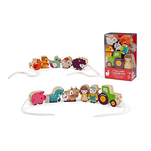 Janod - Set of 11 Solid Wood Bead Figurines - Double Sided - Farm Theme - From 2 years, J05315 von Janod