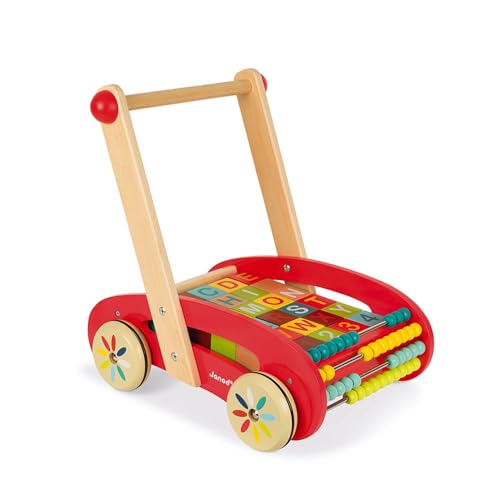 Janod - Tatoo Abc Buggy Wooden Walker for Children - 30 Blocks Included - For children from the Age of 1, J05379, Red von Janod