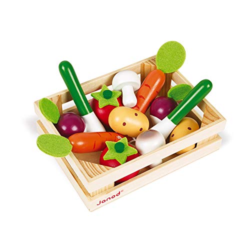 Janod - Gemüsekiste mit 12 Holzfrüchten, Puppen-Teeküche, Küchenset, Kaufladen-Zubehör, Spielzeugnachbildung, ab 3 Jahren, J05611 von Janod