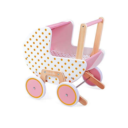 Janod - Holz Puppenwagen ‘Candy Chic’ - Kinderwagen mit Kissen und Decke - Abnehmbares Kippschutz System - Leise Gummiräder- Mit Babyzubehör - Ab 18 Monaten, J05886, Rosa/Weiß von Janod