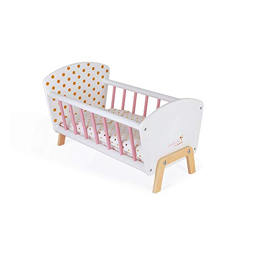 Janod - Puppenbett ‘Candy Chic’ aus Holz mit Matratze + Decke + Kissen - Zarte Glitzernde Farben - Kinder Puppenwiege - Ab 3 Jahren, J05889, Klein von Janod