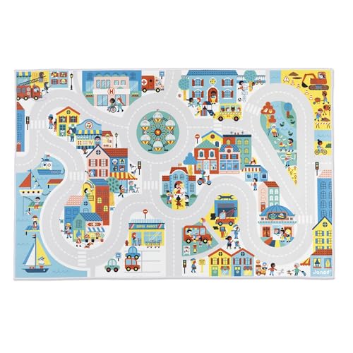 Janod J05910 Teppich Kinderauto-Thema Stadt-Weich & rutschfest-Stadtmotiv-Spielteppich Mädchen-& Jungenzimmer-120 x 78cm-Handwaschbar-Ab 2 Jahre-J05910 von Janod