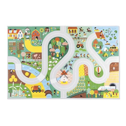 Janod J05930 Teppich Auto Kinder-Thema Land-Weich & rutschfest-Motiv Bauernhof & Wald-Spielteppich Zimmer Mädchen & Junge-120 x 78cm-Handwaschbar-Ab 2 Jahre-J05930 von Janod