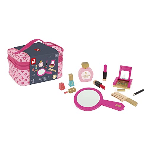 Janod - P'tite Miss Vanity Case for Children - 9 Solid Wood Accessories Included - Pretend Play Toy Beauty and Cosmetic, J06514, Pink, y3, Einfarbig von Janod