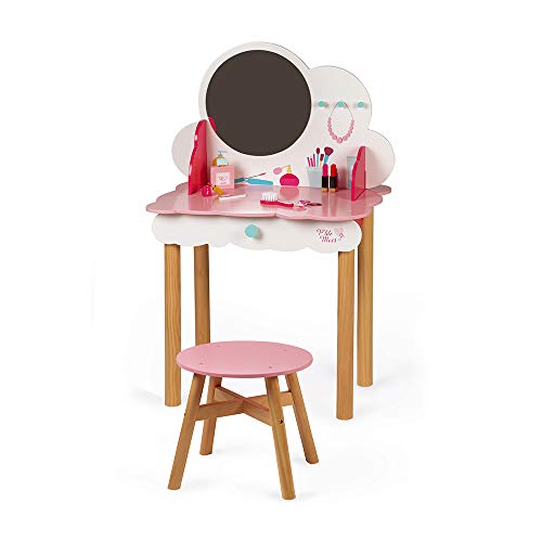 Janod - P'tite Miss Wooden Dressing Table for Children - 10 Accessories Included - Pretend Play - For children from the Age of 3, J06553, Pink and White von Janod