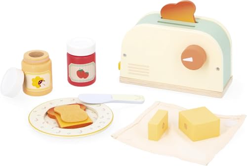 Janod J06636 Holz Toaster für Kinder-Spiel Imitation Frühstück-10 Zubehörteile enthalten-Mit springenden Toastscheiben-Fördert die Vorstellungskraft-Ab 3 Jahre-J06636 von Janod