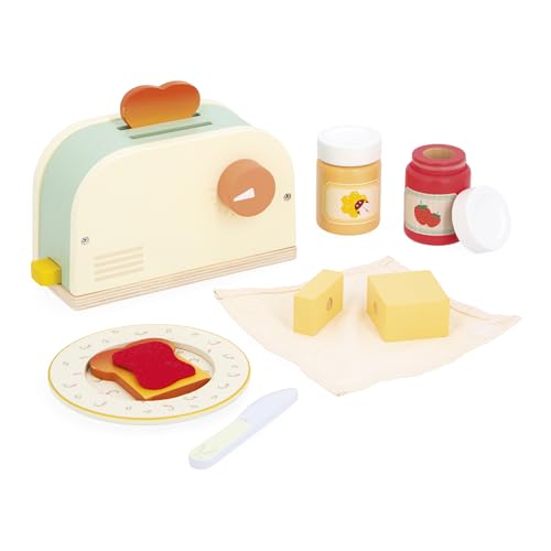 Janod J06636 Holz Toaster für Kinder-Spiel Imitation Frühstück-10 Zubehörteile enthalten-Mit springenden Toastscheiben-Fördert die Vorstellungskraft-Ab 3 Jahre-J06636 von Janod