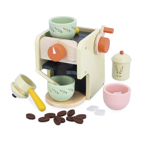 Janod J06644 Barista-Kaffeemaschine Kinder-Mit manueller Kaffeemühle-20 Zubehörteile aus Holz und Filz-Spielzeug zur Imitation-Fördert die Fantasie-Ab 3 Jahre-J06644 von Janod