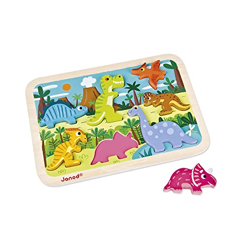 Janod Chunky-Puzzle aus Holz, Dinosaurier, 7 Teile, Entwicklung der Feinmotorik und Konzentration, ab 18 Monaten, J07054 von Janod