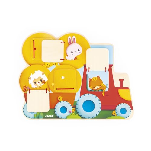 Janod J07128 Holzpuzzle Traktor-5 Türen zum Öffnen-Fördert die Feinmotorik-Mitwachsendes Lernspielzeug für Kinder-Ab 12 Monaten-J07128 von Janod