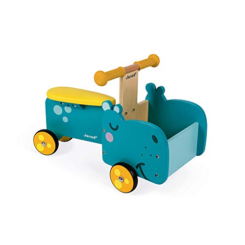 Janod - Hippopotamus Wooden Ride-On for Children - Ergonomic Handles and Silent Wheels - Storage Compartment - Learning Balance - For children from the Age of 1, J08003, Blue and Yellow, 60 x 29 x 37 cm von Janod