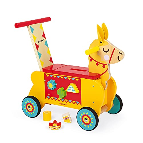 Janod - Wooden Llama Ride-On for Children - Silent Wheels - Storage Compartment and 6 Blocks Included - Learning Balance - For children from the Age of 1, J08004, Yellow and Red von Janod