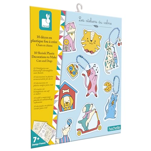 Janod J09163 Set mit 10 verrückten Plastikdekos-Thema Hunde & Katzen-Les Ateliers du Calme-DIY-Kreatives Freizeitset für Kinder-Fingerfertigkeit und Konzentration-Dès 6 Ans von Janod